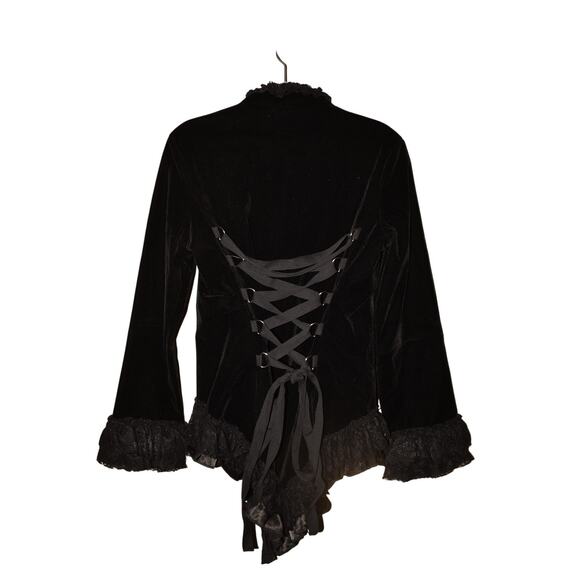 HOT TOPIC RUMIES NEW $70 Black‎ Velvet Lace Up Jacket Lace Satin Ruffle Size 12 - Picture 2 of 4